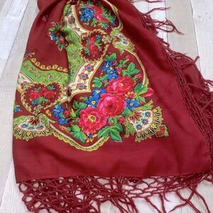 Hand printed virgin wool large floral scarf